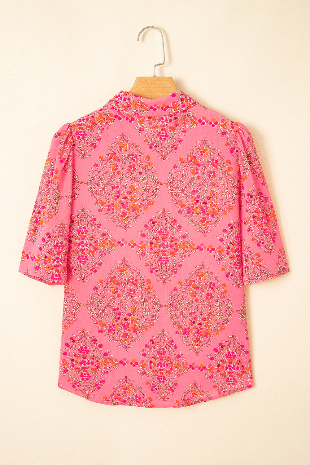 Rose Red Floral Print Wide Short Sleeve Loose Shirt